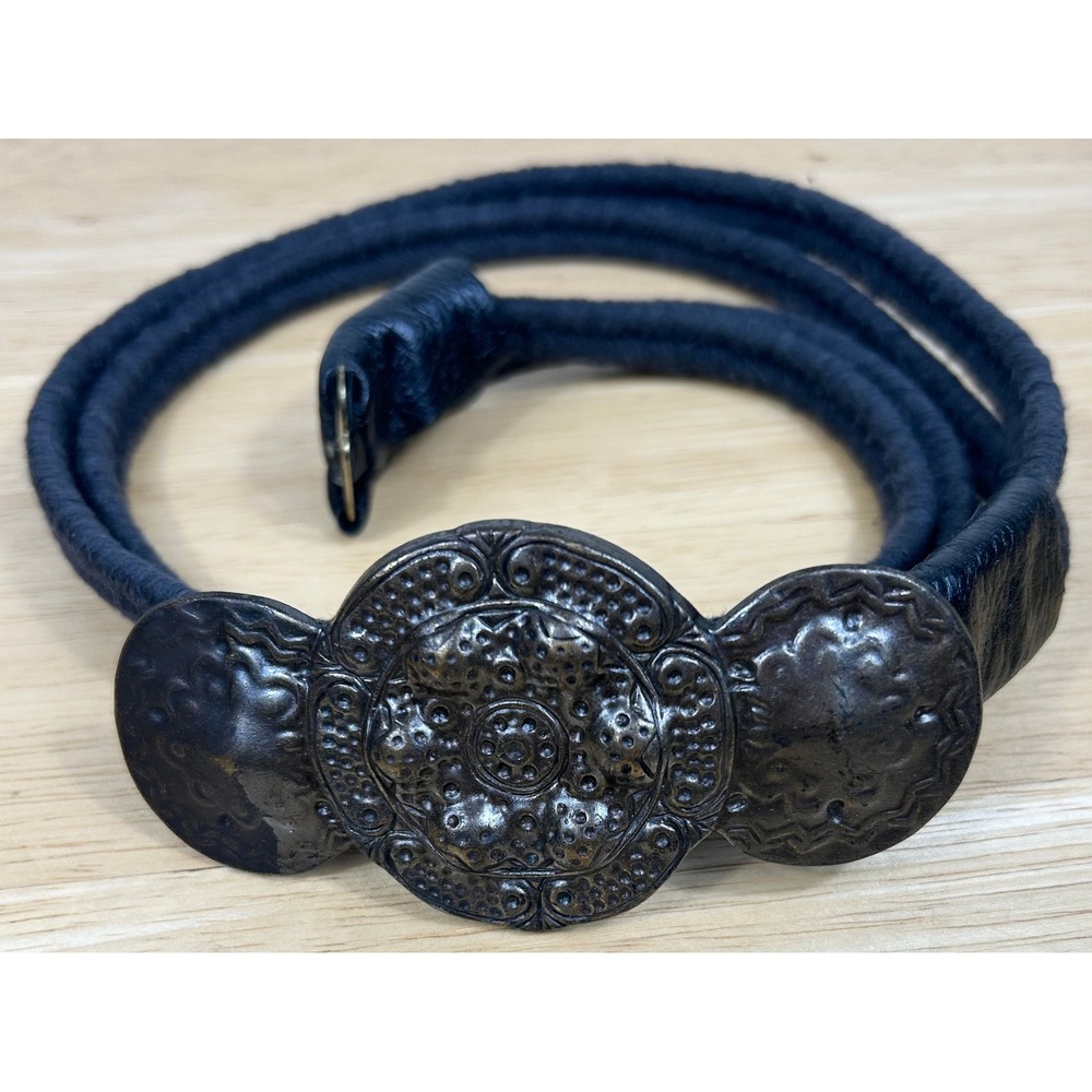 Leather Shop Medallion Belt Womens Black Vintage Boho Ornate Buckle Cord 80s 90s